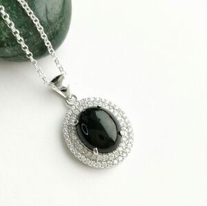 Black onyx CZ Halo Pendant Necklace sterling silver 🆕